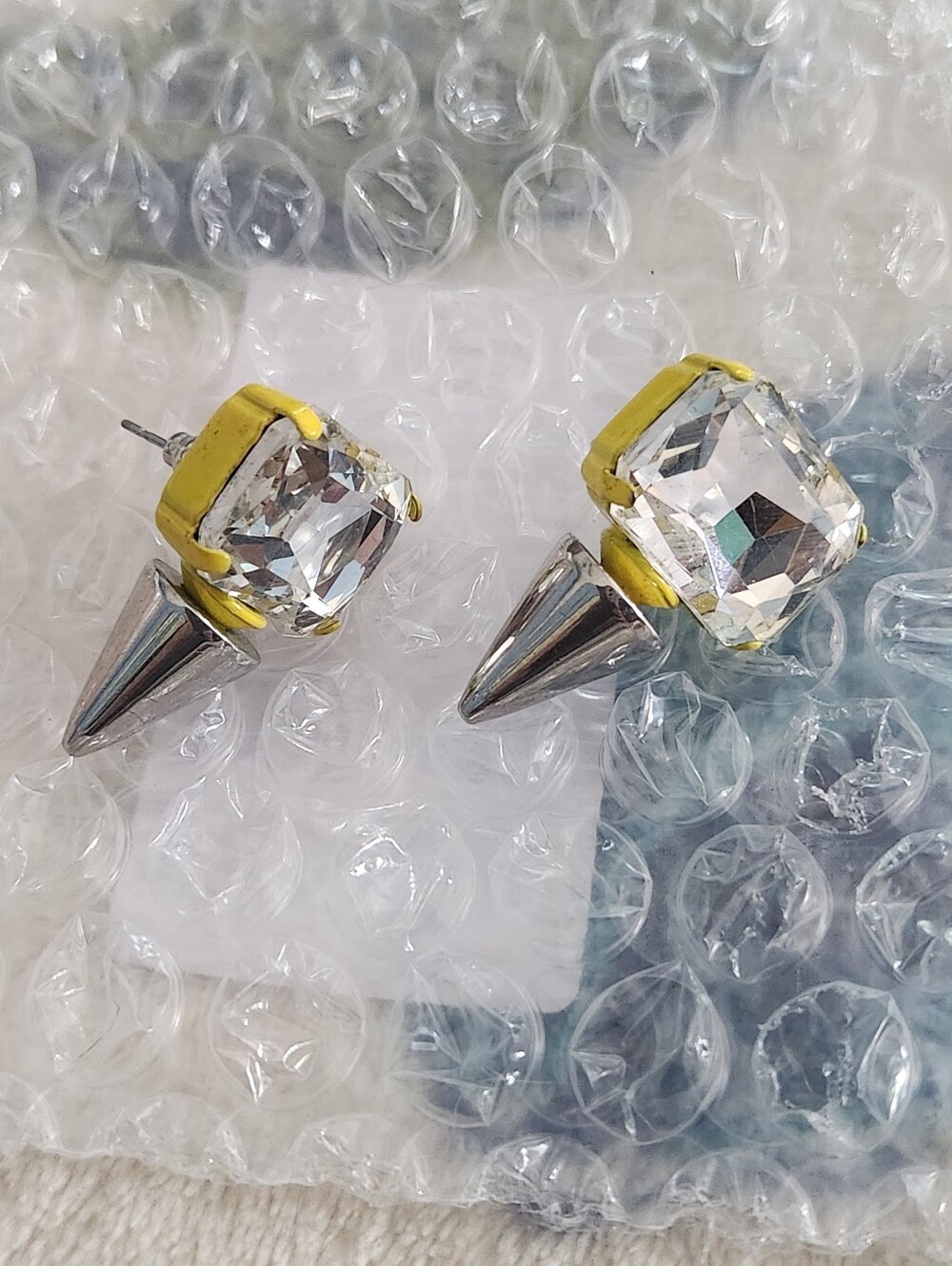 Nior Nyc  Clear Crystal Stud Earrings with Yellow Accent Silvertone Spikes
